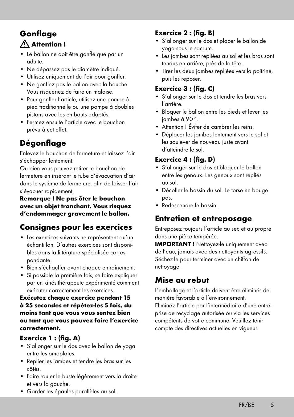 Gonflage, Dégonflage, Consignes pour les exercices | Entretien et entreposage, Mise au rebut | Crivit Yoga Block User Manual | Page 5 / 16