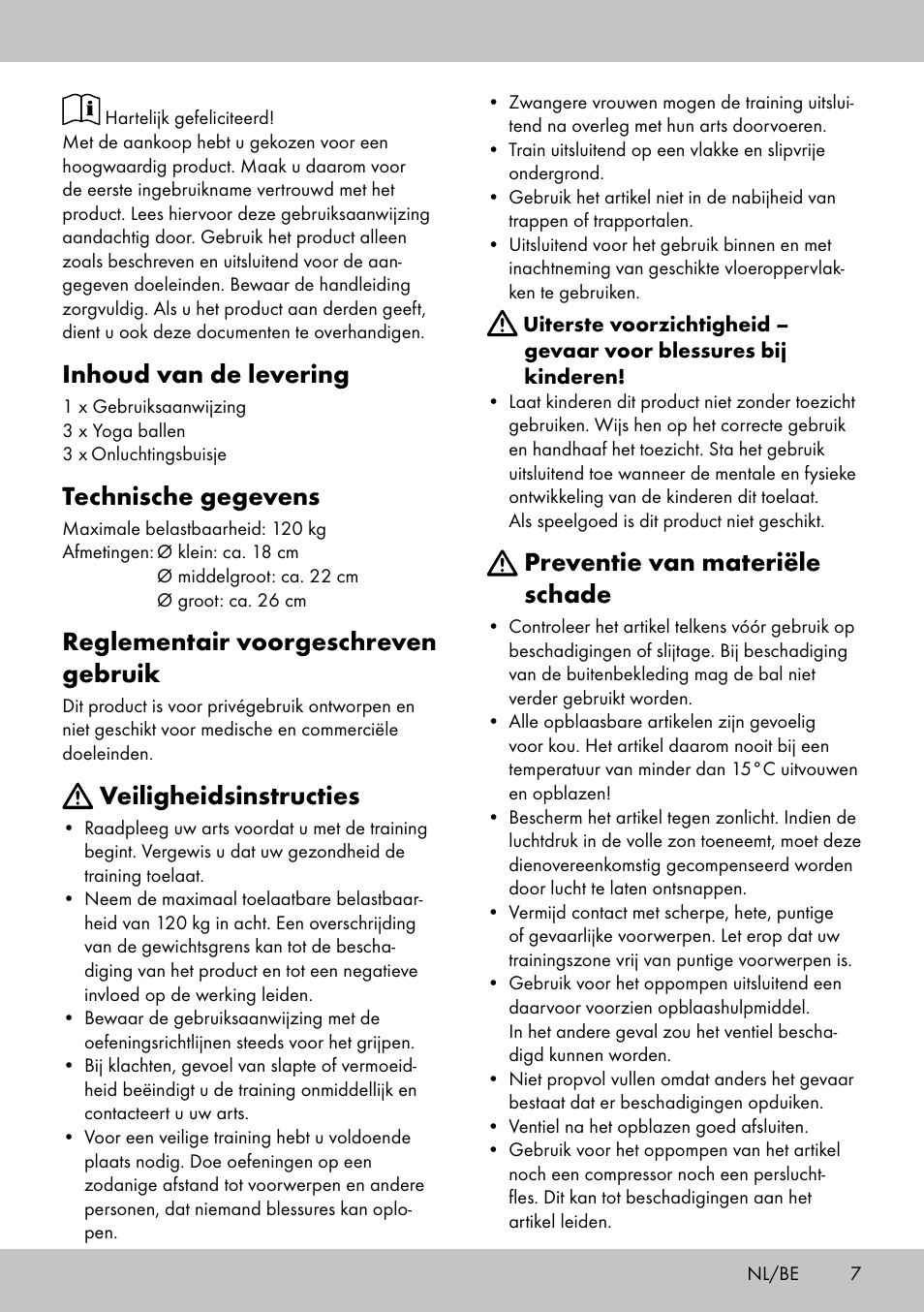 Inhoud van de levering, Technische gegevens, Reglementair voorgeschreven gebruik | Veiligheidsinstructies, Preventie van materiële schade | Crivit Yoga Block User Manual | Page 7 / 16