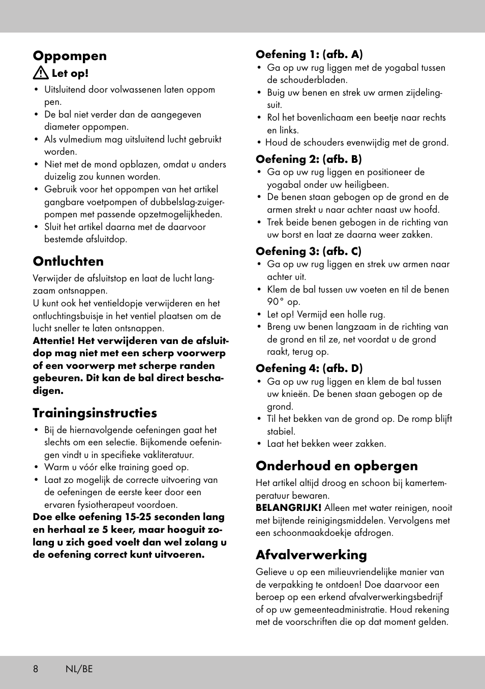 Oppompen, Ontluchten, Trainingsinstructies | Onderhoud en opbergen, Afvalverwerking | Crivit Yoga Block User Manual | Page 8 / 16