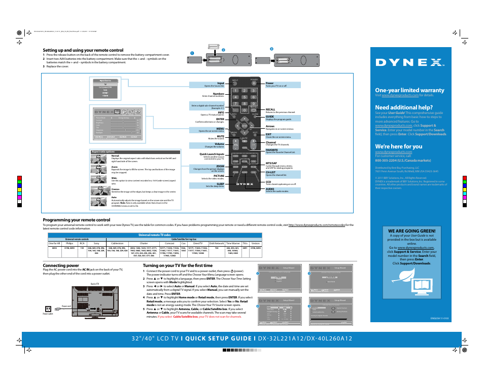 Exit, Menu, Cm y cm my cy cmy k | One-year limited warranty, Need additional help, We’re here for you, We are going green, Setting up and using your remote control, Connecting power, Turning on your tv for the first time | Dynex DX-32L221A12 User Manual | Page 2 / 2