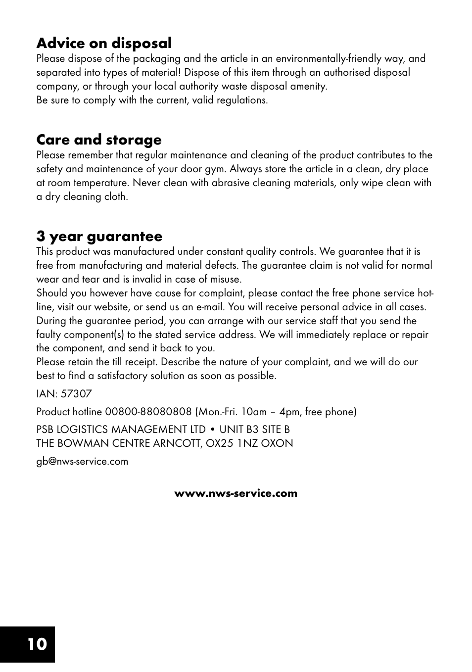 Advice on disposal, Care and storage, 3 year guarantee | Crivit MR-1362 User Manual | Page 10 / 56