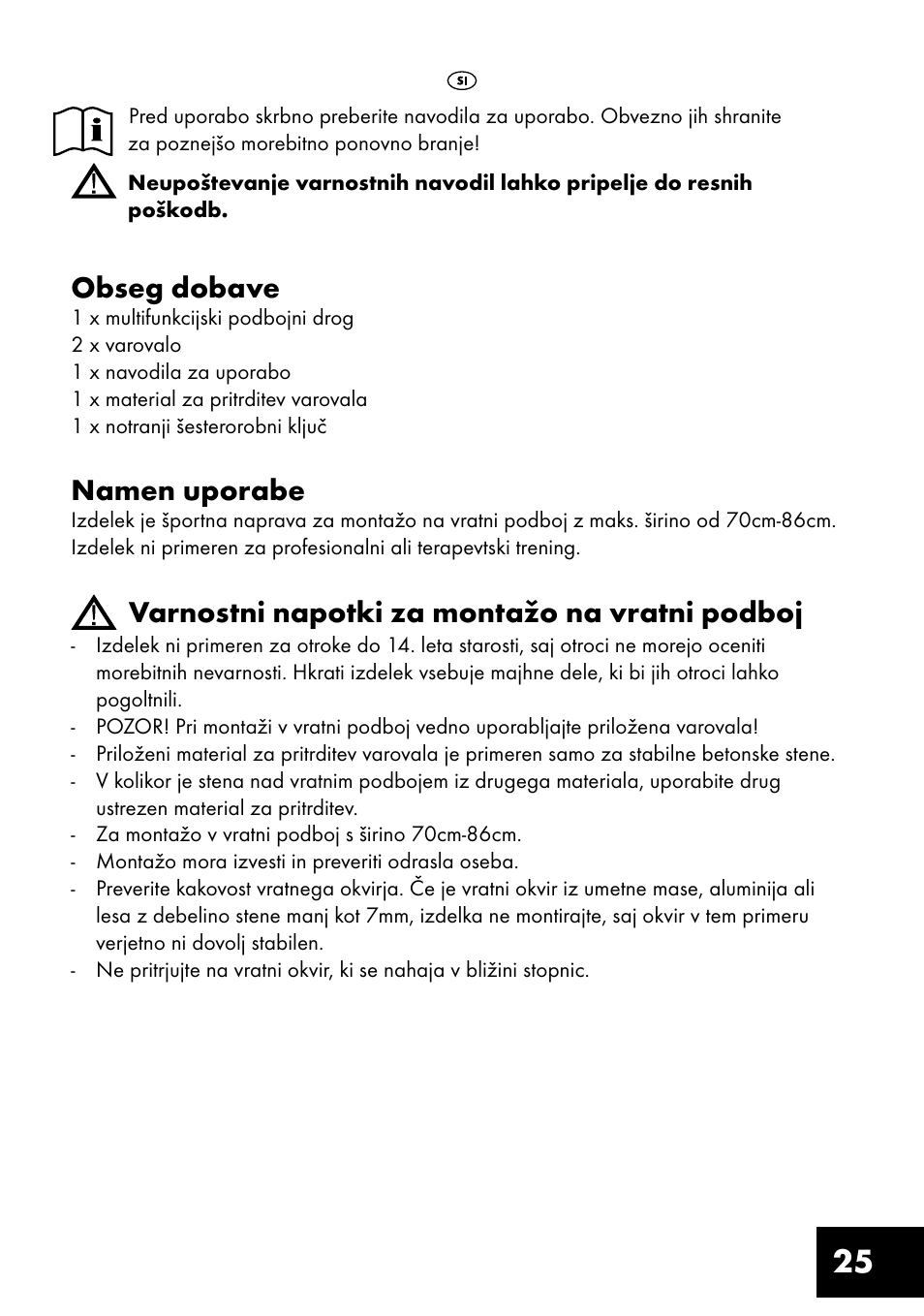 Obseg dobave, Namen uporabe, Varnostni napotki za montažo na vratni podboj | Crivit MR-1362 User Manual | Page 25 / 56