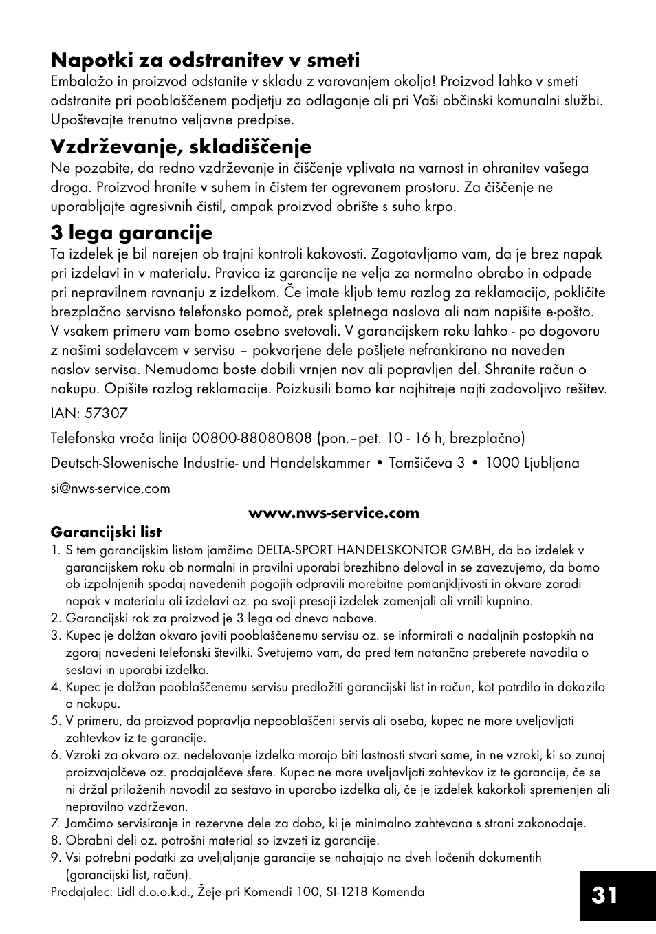 Napotki za odstranitev v smeti, Vzdrževanje, skladiščenje, 3 lega garancije | Crivit MR-1362 User Manual | Page 31 / 56
