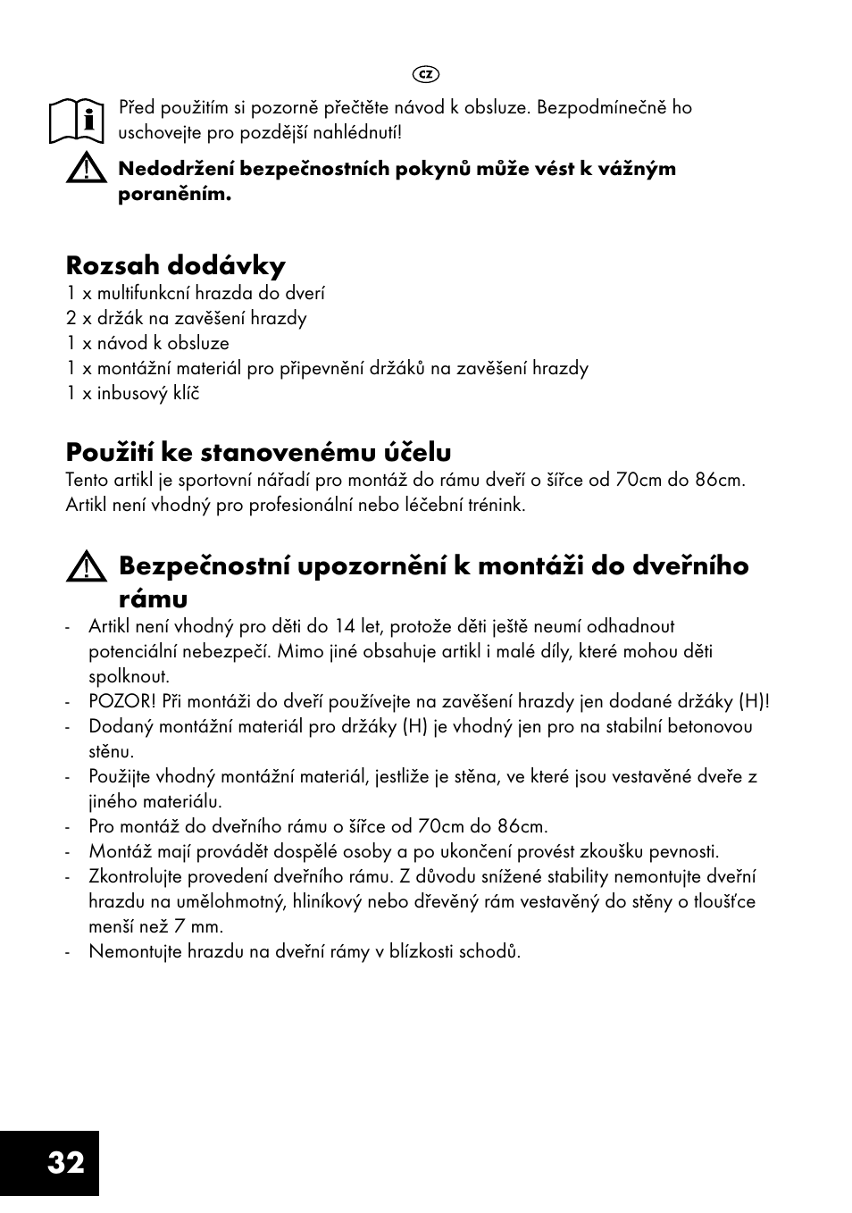 Rozsah dodávky, Použití ke stanovenému účelu, Bezpečnostní upozornění k montáži do dveřního rámu | Crivit MR-1362 User Manual | Page 32 / 56