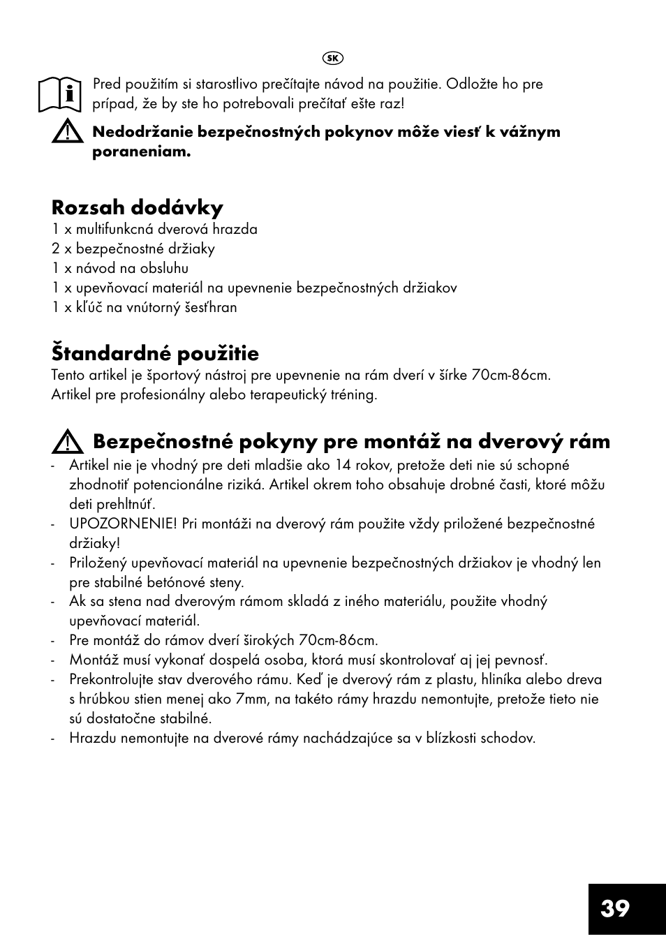 Rozsah dodávky, Štandardné použitie, Bezpečnostné pokyny pre montáž na dverový rám | Crivit MR-1362 User Manual | Page 39 / 56