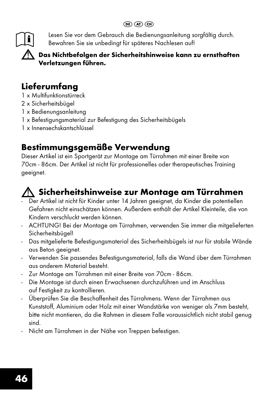 Lieferumfang, Bestimmungsgemäße verwendung, Sicherheitshinweise zur montage am türrahmen | Crivit MR-1362 User Manual | Page 46 / 56