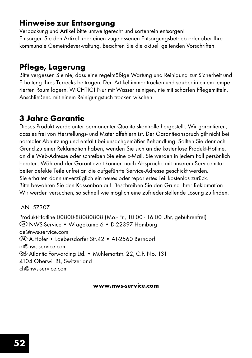Hinweise zur entsorgung, Pflege, lagerung, 3 jahre garantie | Crivit MR-1362 User Manual | Page 52 / 56
