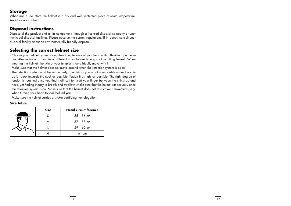 Storage, Disposal instructions, Selecting the correct helmet size | Crivit V161 User Manual | Page 6 / 6