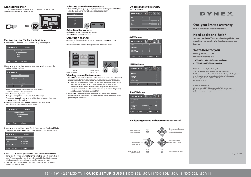 Enter menu, One-year limited warranty, Need additional help | We’re here for you, Connecting power, Turning on your tv for the first time, Selecting the video input source, Adjusting the volume, Selecting a channel, Viewing channel information | Dynex DX-15L150A11 User Manual | Page 2 / 2