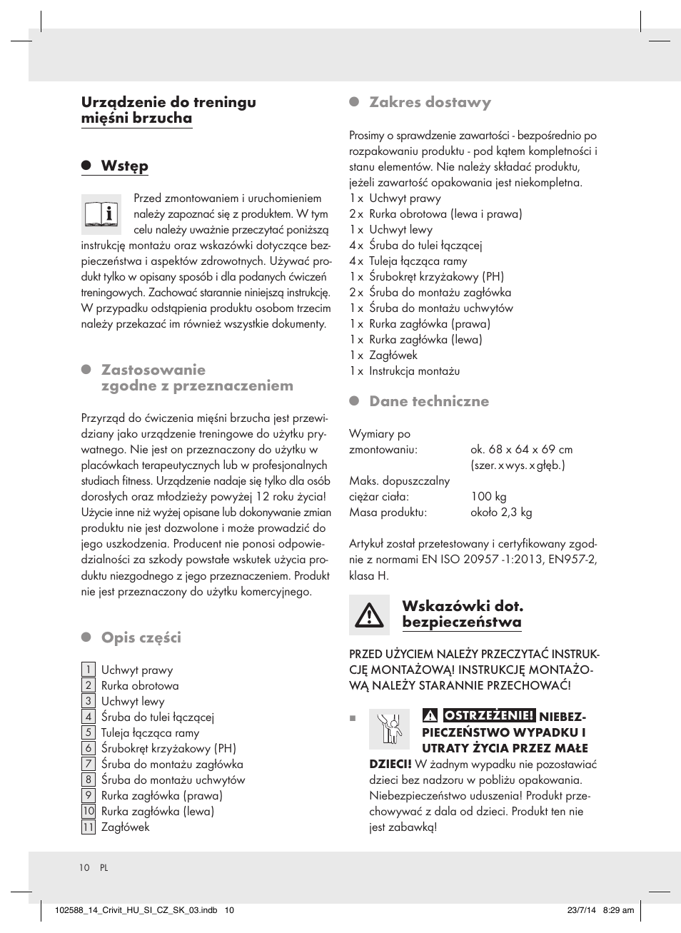 Urządzenie do treningu mięśni brzucha, Wstęp, Zastosowanie zgodne z przeznaczeniem | Opis części, Zakres dostawy, Dane techniczne, Wskazówki dot. bezpieczeństwa | Crivit Z31742 User Manual | Page 10 / 47