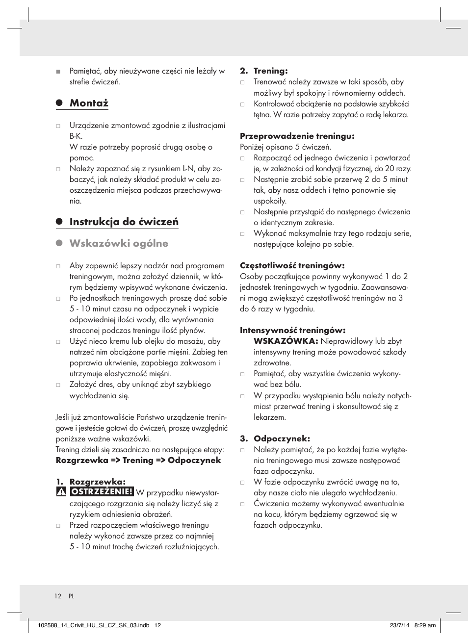 Montaż, Instrukcja do ćwiczeń, Wskazówki ogólne | Crivit Z31742 User Manual | Page 12 / 47