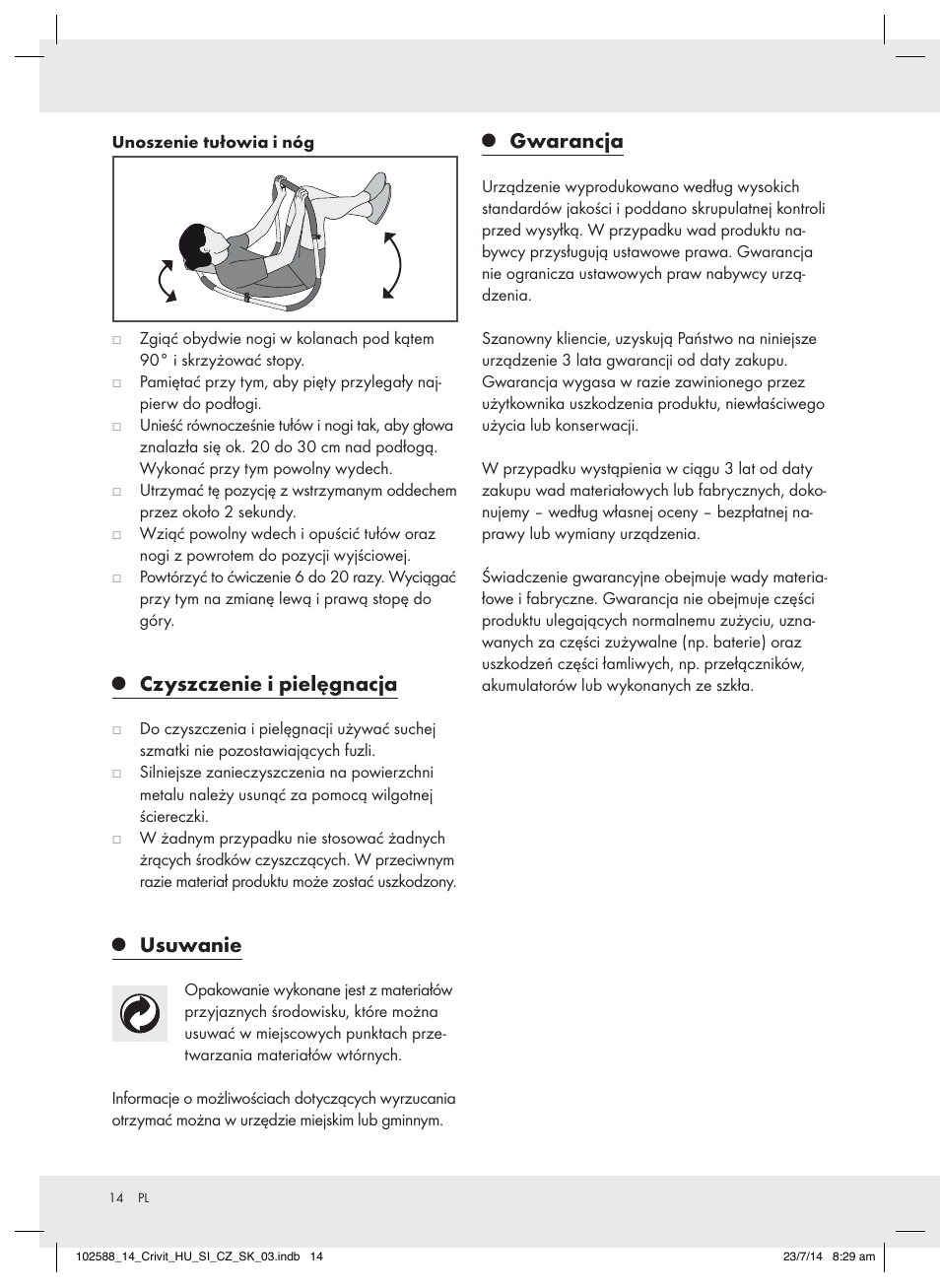 Czyszczenie i pielęgnacja, Usuwanie, Gwarancja | Crivit Z31742 User Manual | Page 14 / 47
