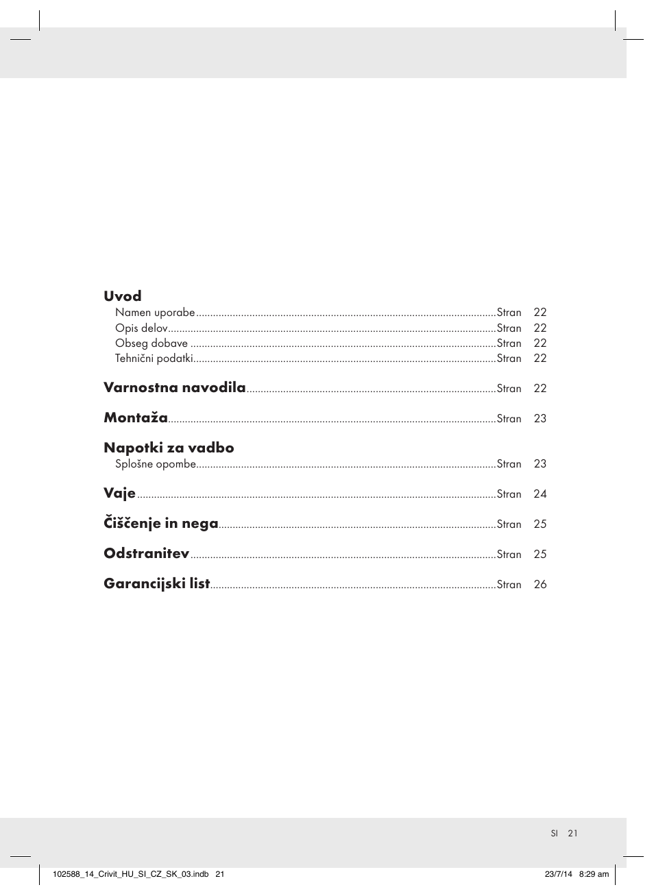 Uvod, Varnostna navodila, Montaža | Napotki za vadbo, Vaje, Čiščenje in nega, Odstranitev, Garancijski list | Crivit Z31742 User Manual | Page 21 / 47