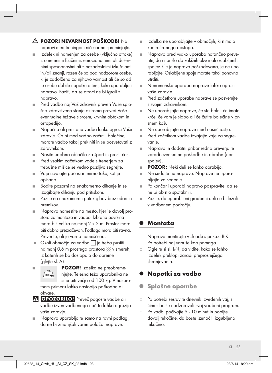 Montaža, Napotki za vadbo, Splošne opombe | Crivit Z31742 User Manual | Page 23 / 47