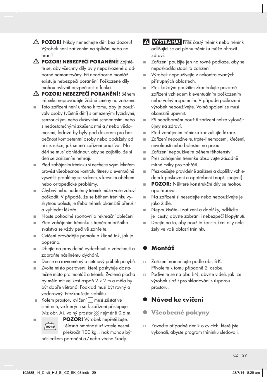 Montáž, Návod ke cvičení, Všeobecné pokyny | Crivit Z31742 User Manual | Page 29 / 47