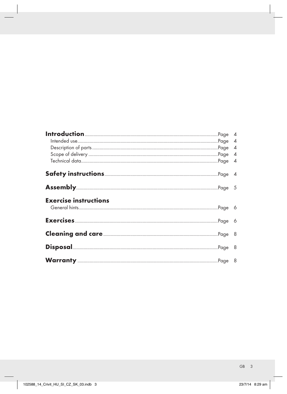 Introduction, Safety instructions, Assembly | Exercise instructions, Exercises, Cleaning and care, Disposal, Warranty | Crivit Z31742 User Manual | Page 3 / 47