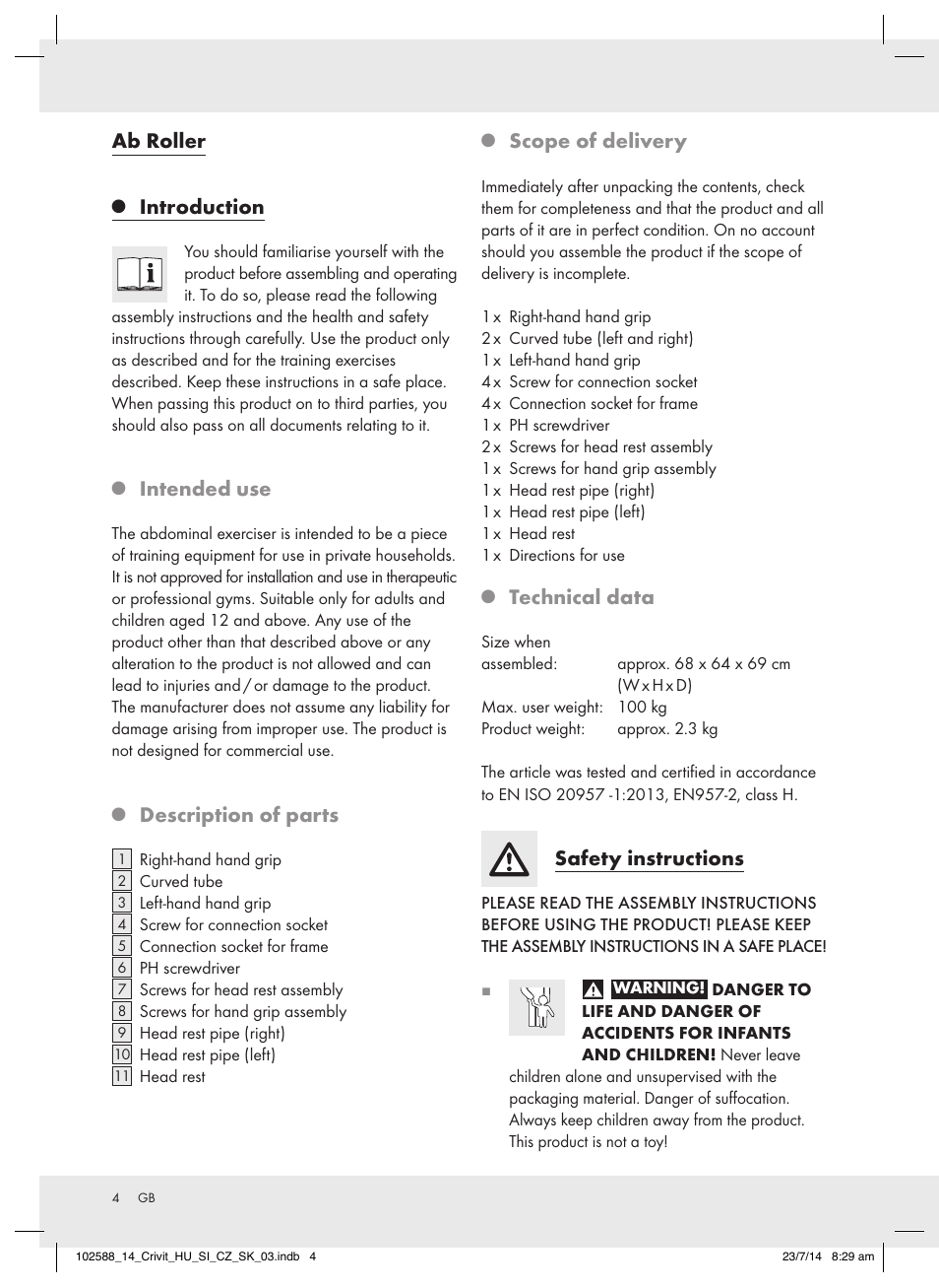 Ab roller, Introduction, Intended use | Description of parts, Scope of delivery, Technical data, Safety instructions | Crivit Z31742 User Manual | Page 4 / 47