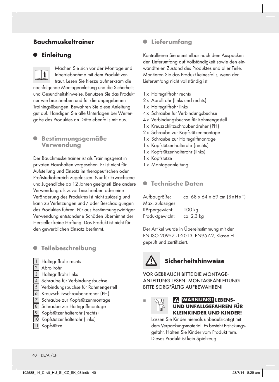 Bauchmuskeltrainer, Einleitung, Bestimmungsgemäße verwendung | Teilebeschreibung, Lieferumfang, Technische daten, Sicherheitshinweise | Crivit Z31742 User Manual | Page 40 / 47