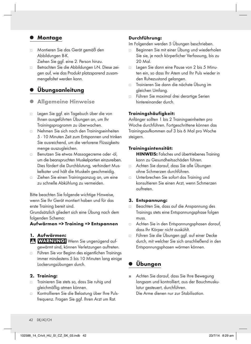 Montage, Übungsanleitung, Allgemeine hinweise | Übungen | Crivit Z31742 User Manual | Page 42 / 47