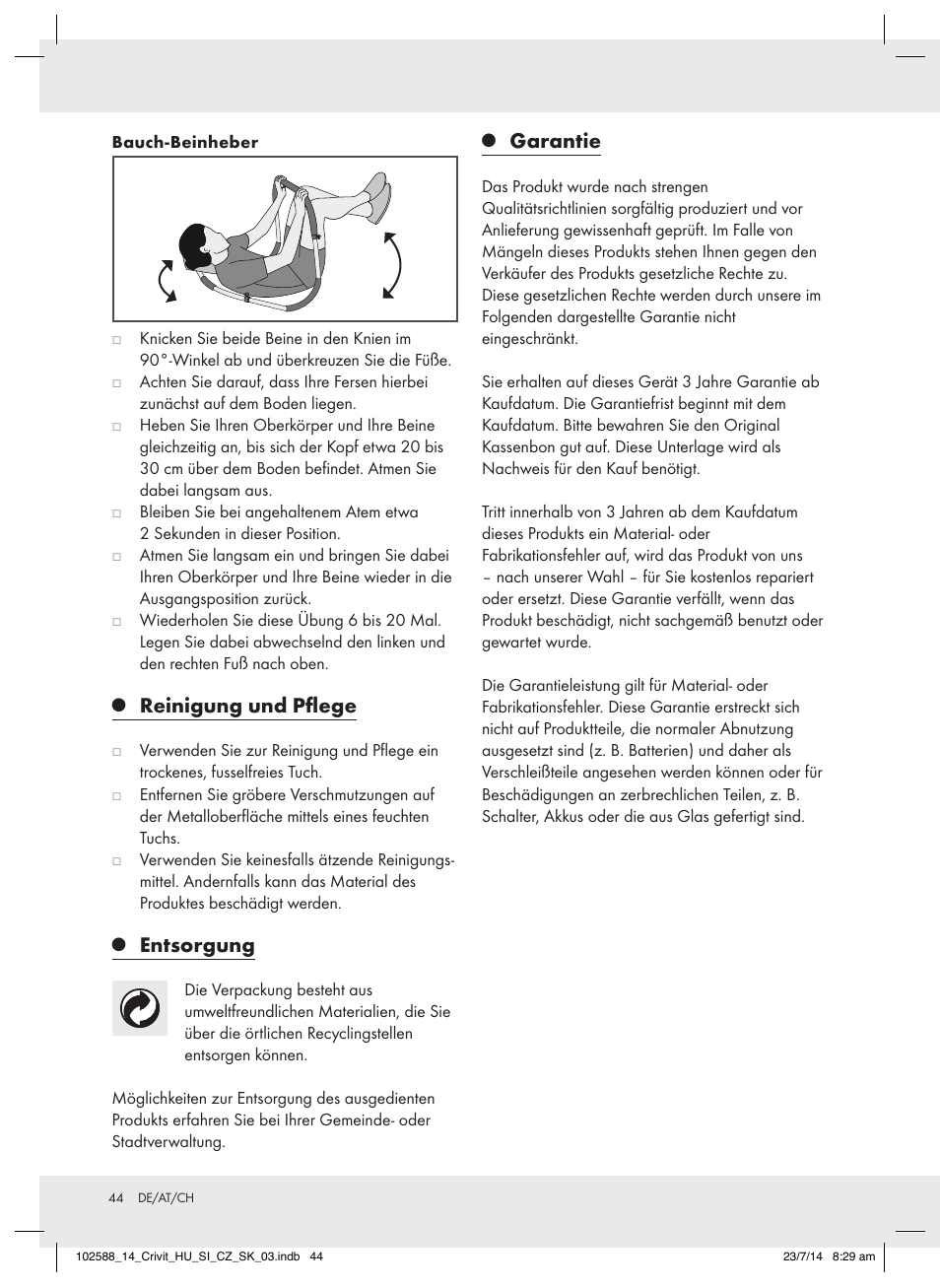 Reinigung und pflege, Entsorgung, Garantie | Crivit Z31742 User Manual | Page 44 / 47