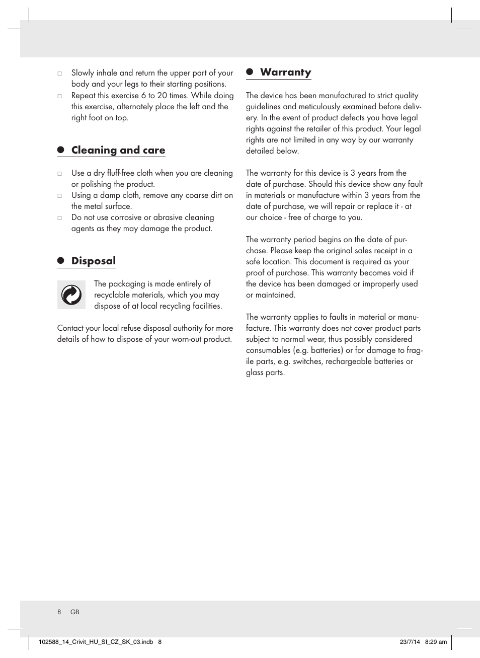 Cleaning and care, Disposal, Warranty | Crivit Z31742 User Manual | Page 8 / 47