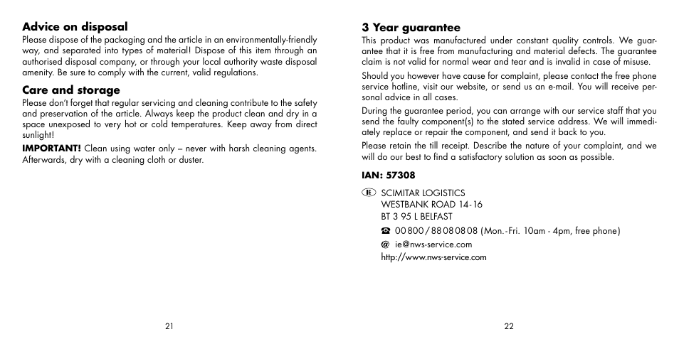 Advice on disposal, Care and storage, 3 year guarantee | Crivit Fitness Swing Stick User Manual | Page 12 / 12