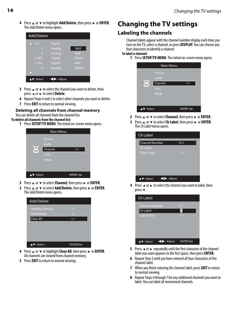 Deleting all channels from channel memory, Changing the tv settings, Labeling the channels | Dynex DX-LTDVD22-09 User Manual | Page 14 / 36