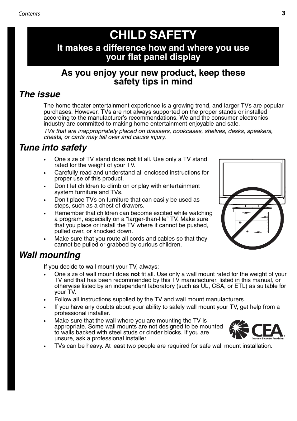 Child safety, The issue, Tune into safety | Wall mounting | Dynex DX-LTDVD22-09 User Manual | Page 3 / 36