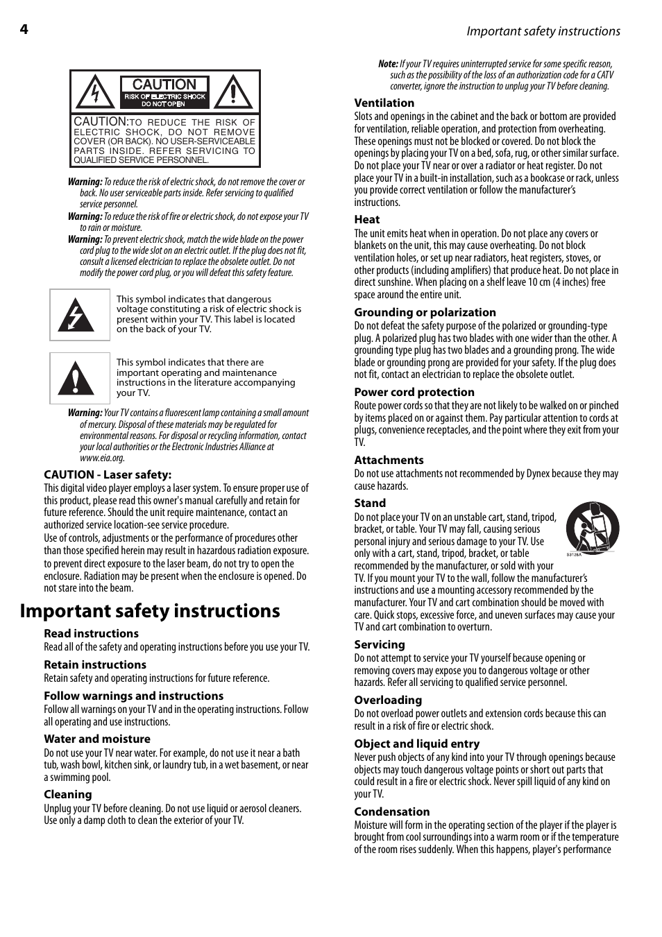 Caution - laser safety, Important safety instructions, Read instructions | Retain instructions, Follow warnings and instructions, Water and moisture, Cleaning, Ventilation, Heat, Grounding or polarization | Dynex DX-LTDVD22-09 User Manual | Page 4 / 36