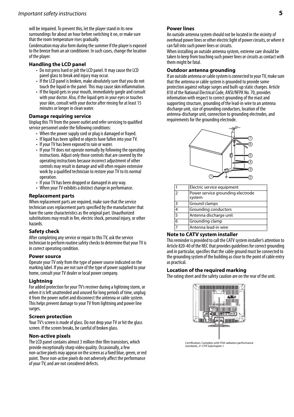 Handling the lcd panel, Damage requiring service, Replacement parts | Safety check, Power source, Lightning, Screen protection, Non-active pixels, Power lines, Outdoor antenna grounding | Dynex DX-LTDVD22-09 User Manual | Page 5 / 36