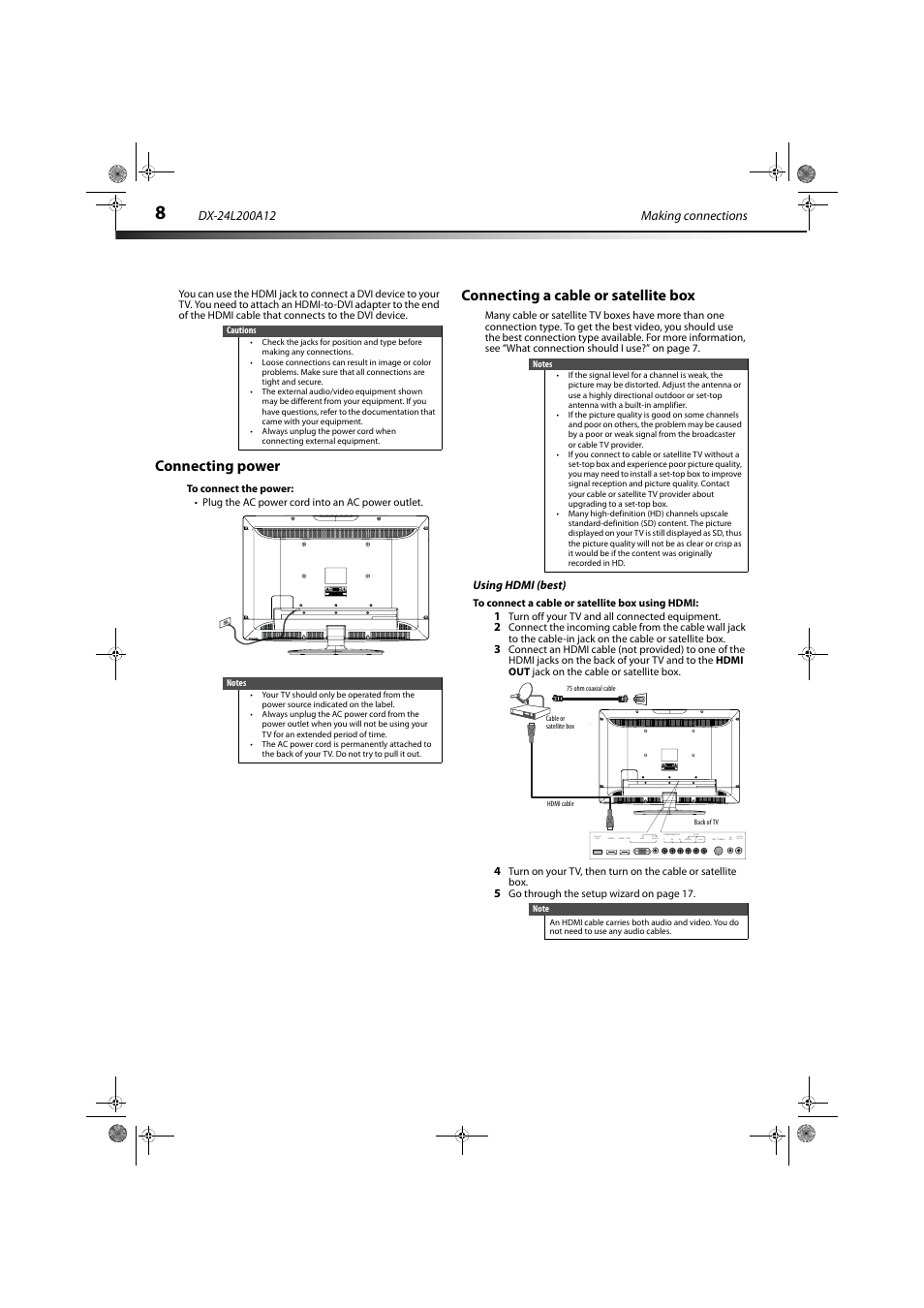 Connecting power, Connecting a cable or satellite box, Using hdmi (best) | Audio, Pc / dvi audio in digital output service port | Dynex DX-24L200A12 User Manual | Page 12 / 44