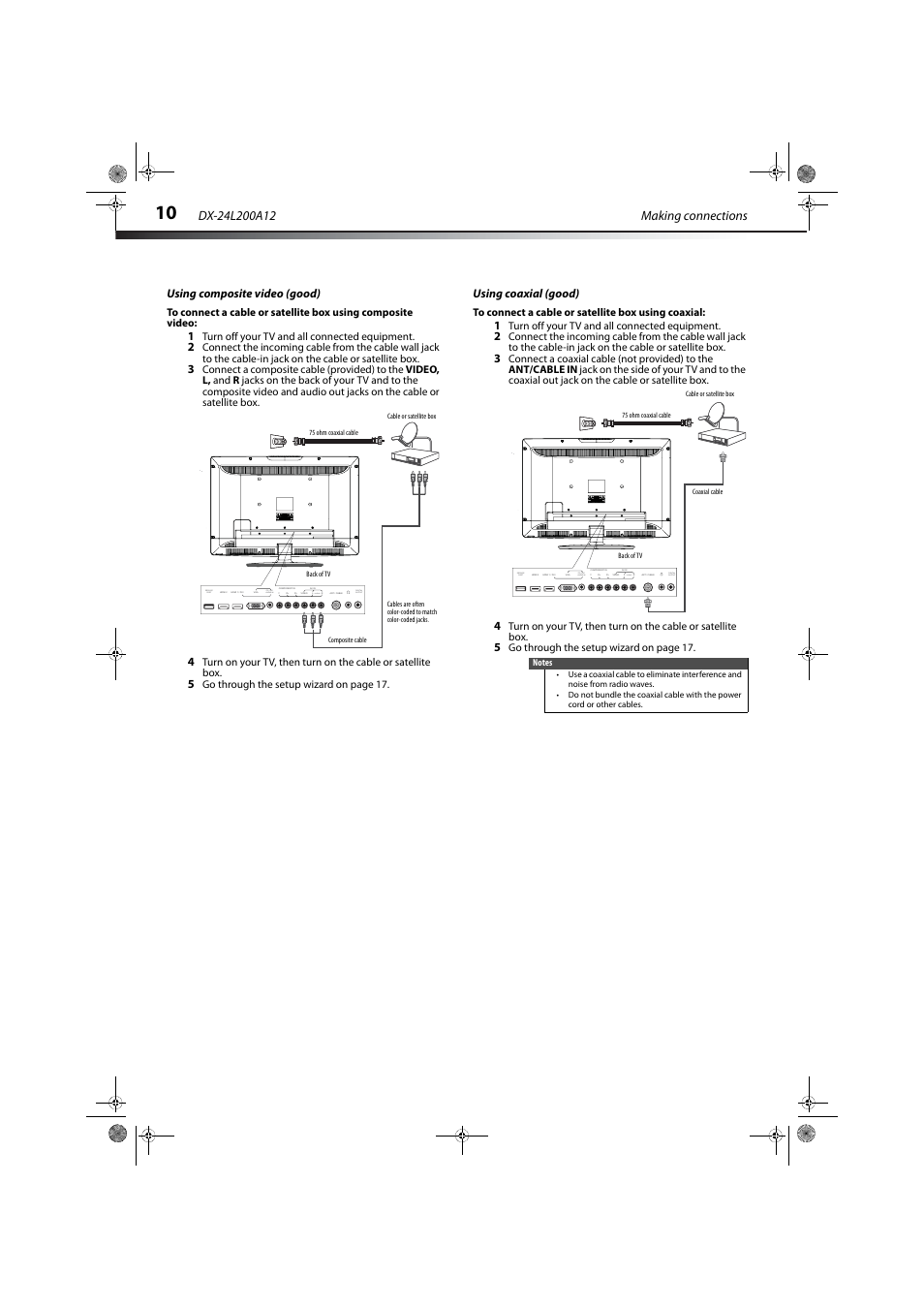 Using composite video (good), Using coaxial (good), Using composite video (good)” on | Audio, Pc / dvi audio in digital output service port | Dynex DX-24L200A12 User Manual | Page 14 / 44