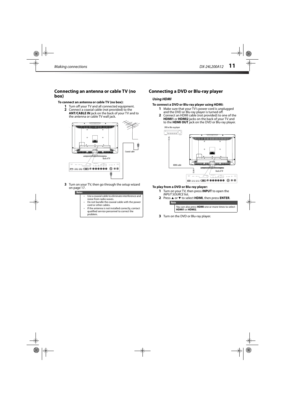 Connecting an antenna or cable tv (no box), Connecting a dvd or blu-ray player, Using hdmi | Audio, Pc / dvi audio in digital output service port, Making connections | Dynex DX-24L200A12 User Manual | Page 15 / 44