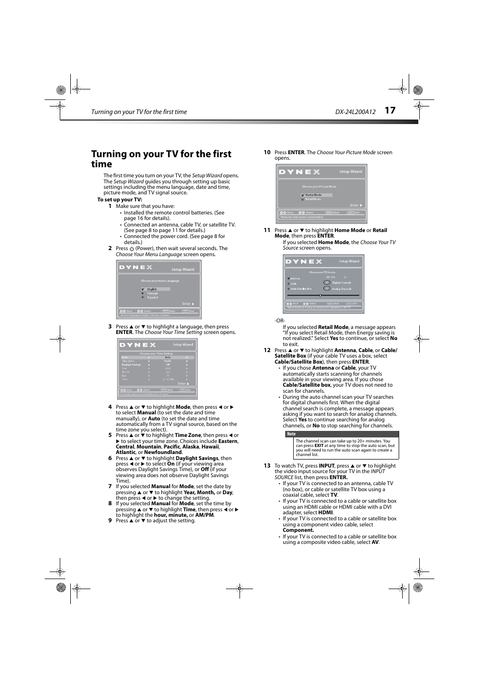 Turning on your tv for the first time | Dynex DX-24L200A12 User Manual | Page 21 / 44