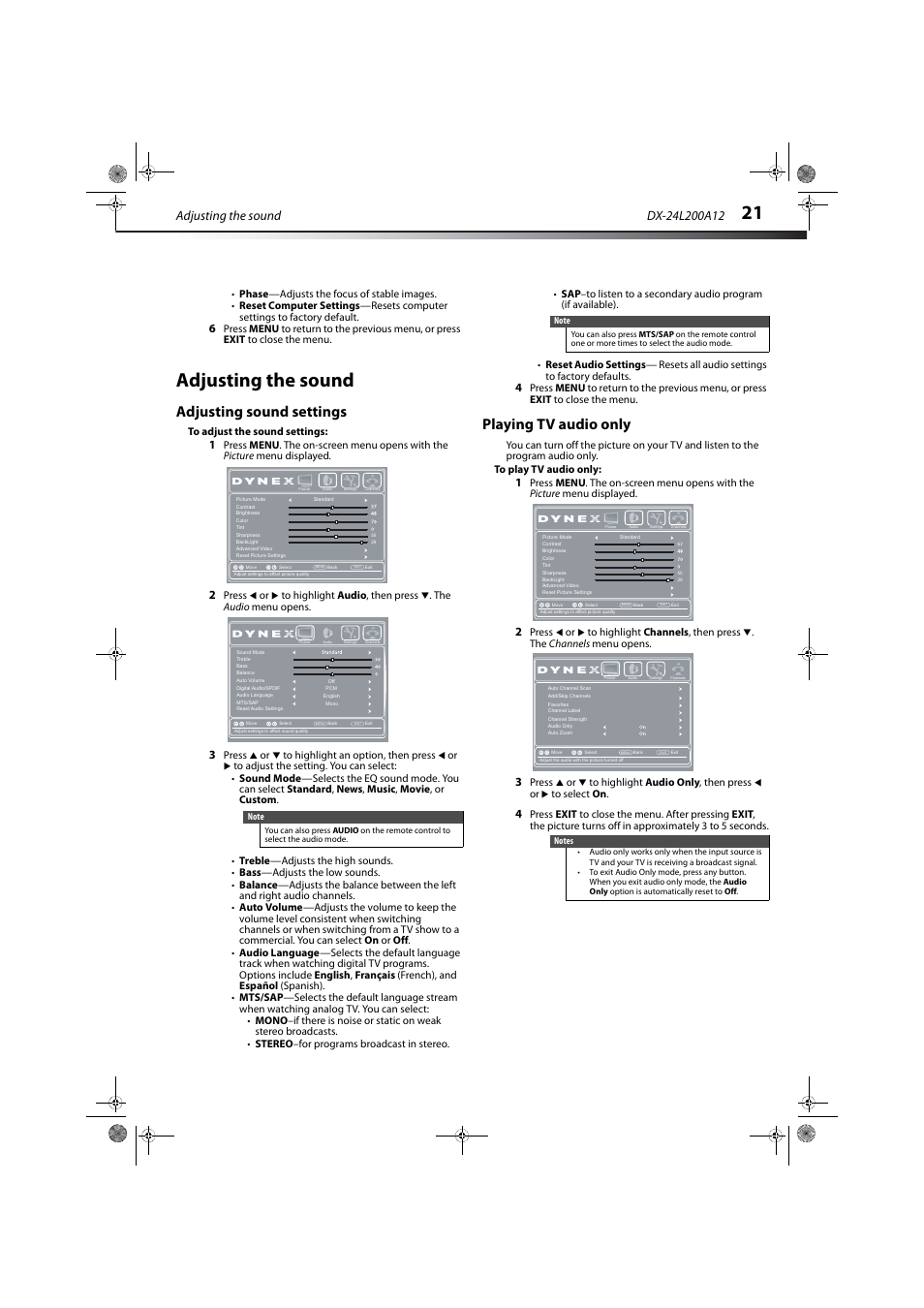 Adjusting the sound, Adjusting sound settings, Playing tv audio only | Adjusting sound settings playing tv audio only, Press or to highlight audio only , then press | Dynex DX-24L200A12 User Manual | Page 25 / 44