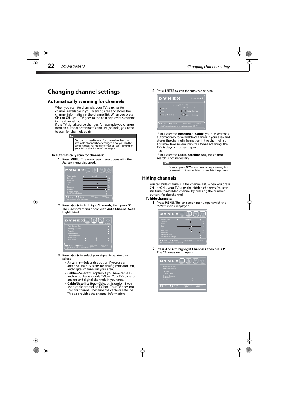 Changing channel settings, Automatically scanning for channels, Hiding channels | Press enter | Dynex DX-24L200A12 User Manual | Page 26 / 44