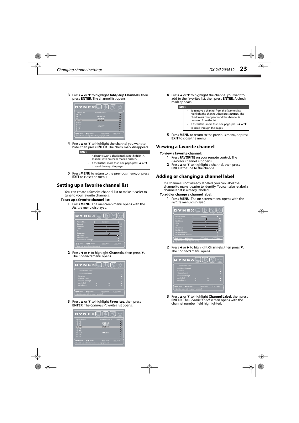 Setting up a favorite channel list, Viewing a favorite channel, Adding or changing a channel label | Ation, see “setting up a favorite channel list, Changing channel settings | Dynex DX-24L200A12 User Manual | Page 27 / 44