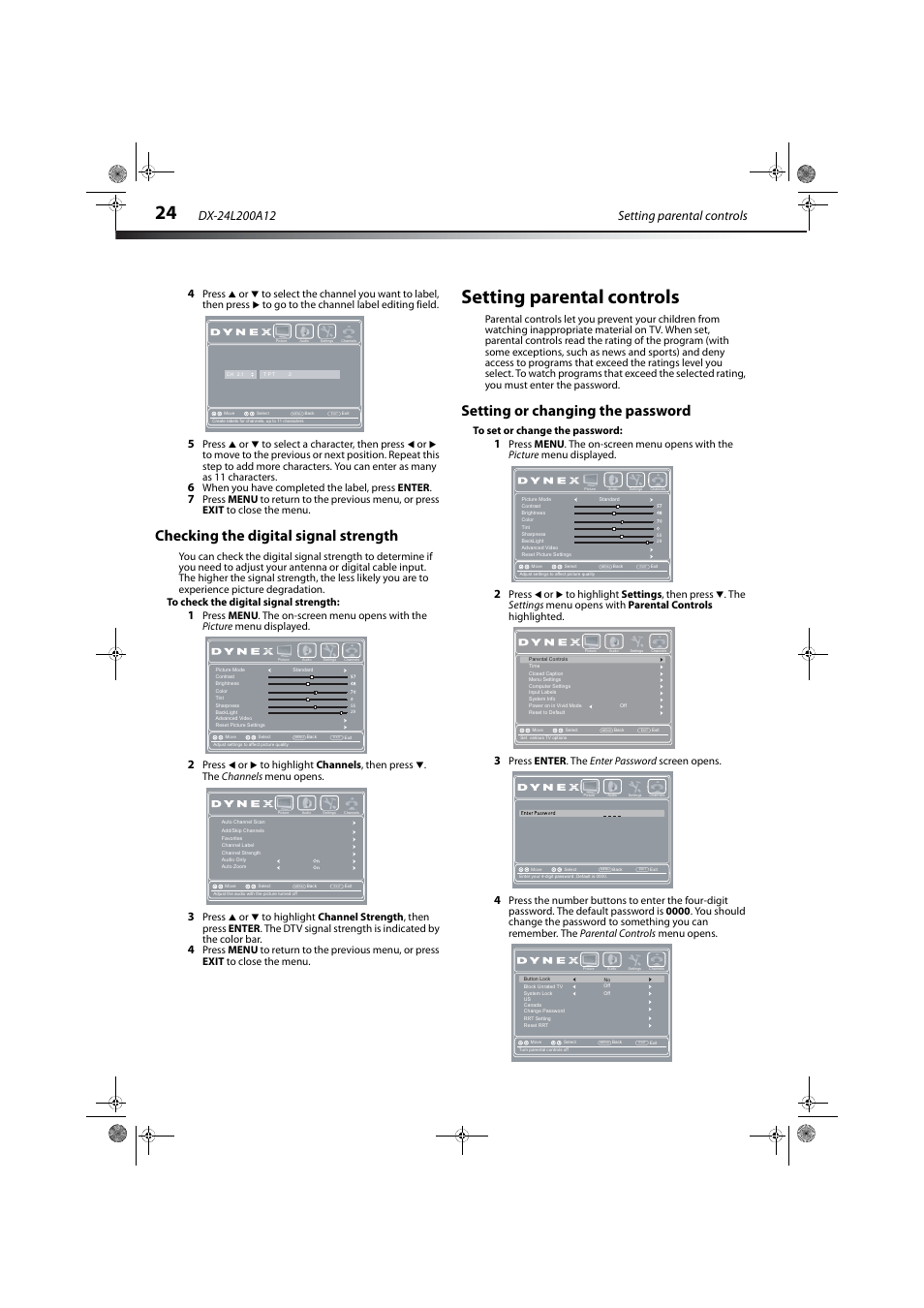 Checking the digital signal strength, Setting parental controls, Setting or changing the password | When you have completed the label, press enter, Press enter . the enter password screen opens | Dynex DX-24L200A12 User Manual | Page 28 / 44