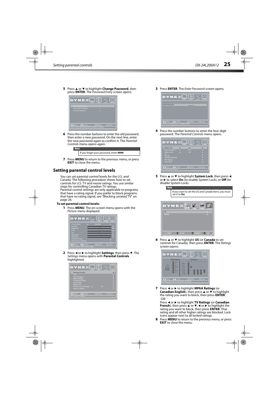 Setting parental control levels, Setting parental controls, Press enter . the enter password screen opens | If you forget your password, enter 9999 | Dynex DX-24L200A12 User Manual | Page 29 / 44