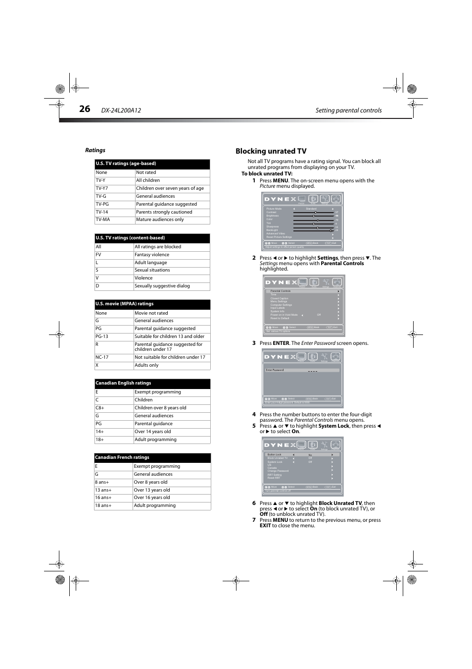 Ratings, Blocking unrated tv | Dynex DX-24L200A12 User Manual | Page 30 / 44