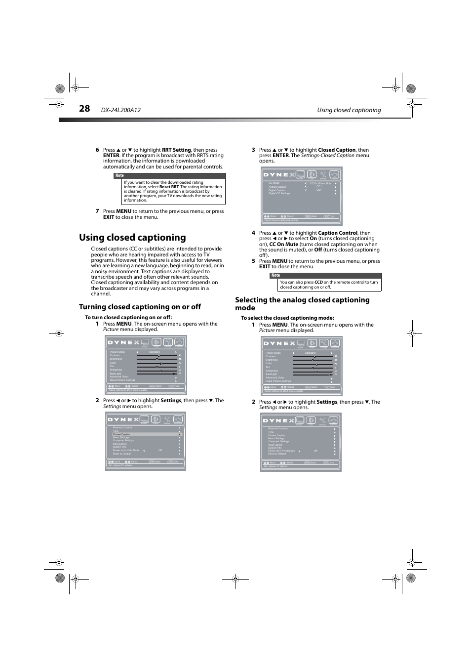 Using closed captioning, Turning closed captioning on or off, Selecting the analog closed captioning mode | Dynex DX-24L200A12 User Manual | Page 32 / 44