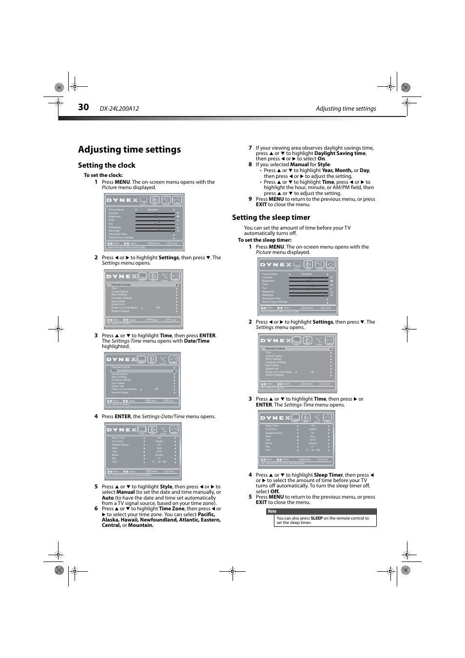 Adjusting time settings, Setting the clock, Setting the sleep timer | Setting the clock setting the sleep timer, E “setting the sleep timer” on, Ge 30, Press enter , the settings-date/time menu opens, Press or to highlight time , then press or, Enter . the settings-time menu opens | Dynex DX-24L200A12 User Manual | Page 34 / 44