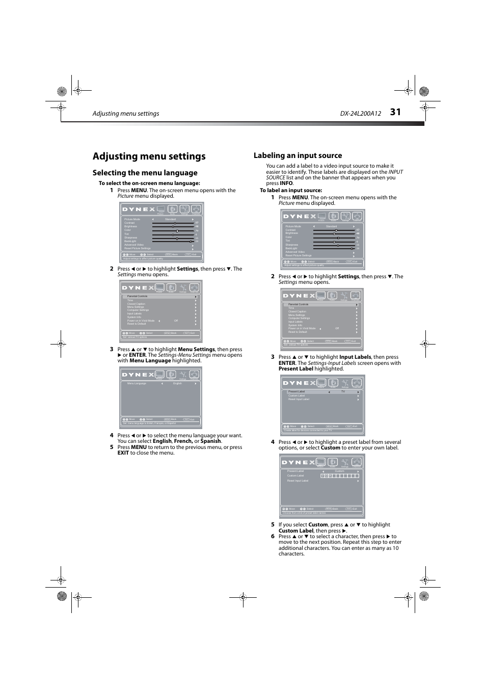 Adjusting menu settings, Selecting the menu language, Labeling an input source | Dynex DX-24L200A12 User Manual | Page 35 / 44