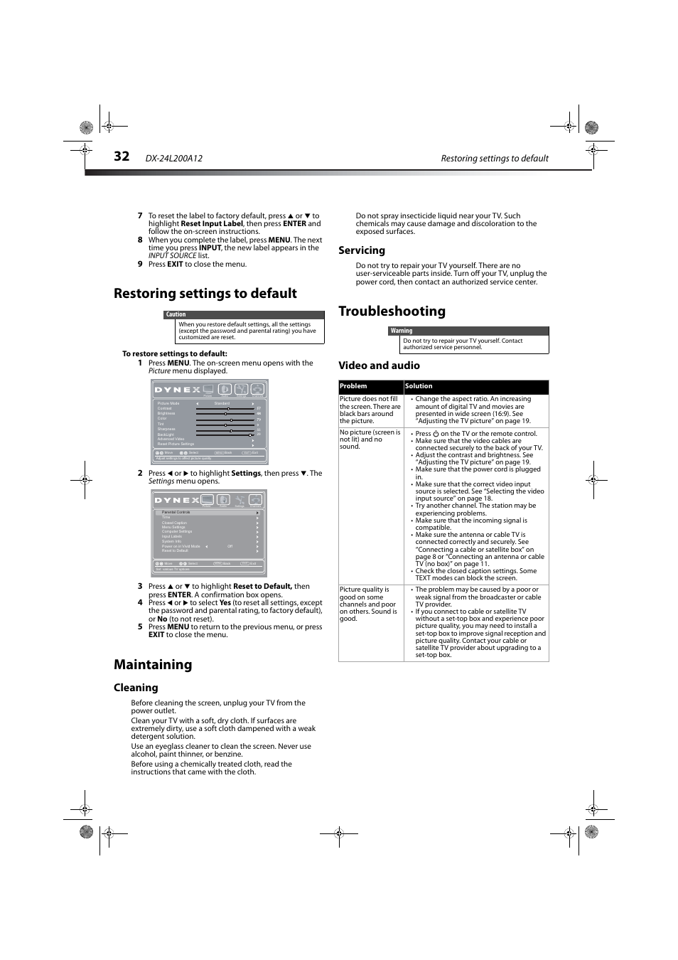 Restoring settings to default, Maintaining, Cleaning | Servicing, Troubleshooting, Video and audio, Cleaning servicing | Dynex DX-24L200A12 User Manual | Page 36 / 44