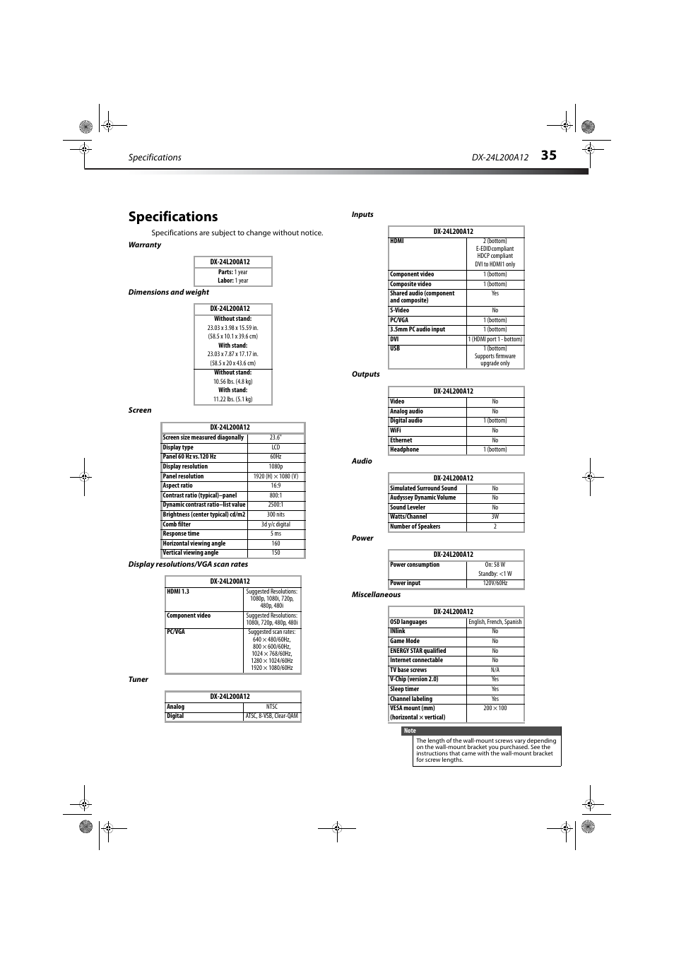 Specifications, Warranty, Dimensions and weight | Screen, Display resolutions/vga scan rates, Tuner, Inputs, Outputs, Audio, Power | Dynex DX-24L200A12 User Manual | Page 39 / 44