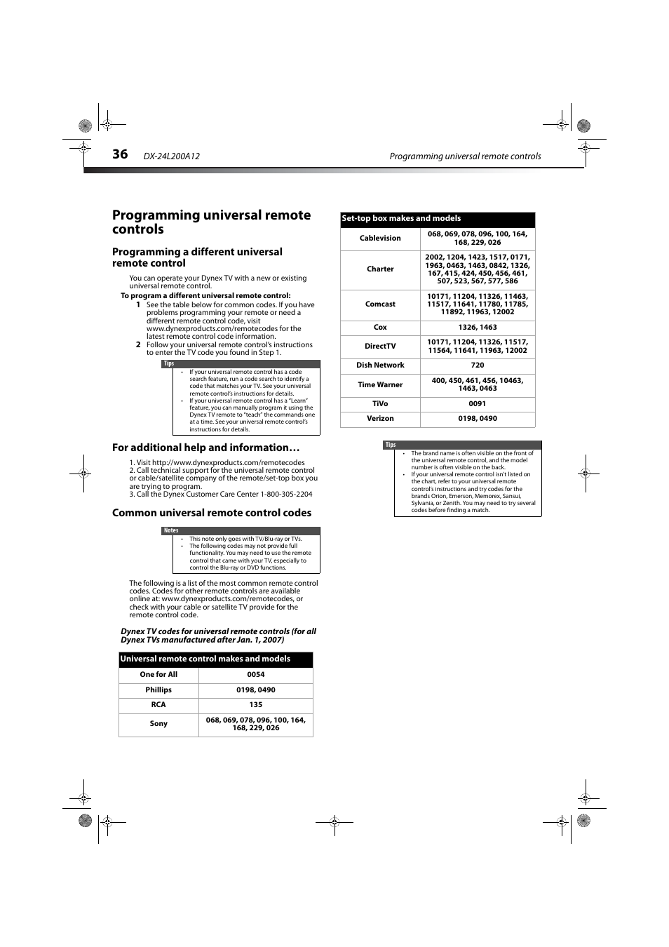 Programming universal remote controls, Programming a different universal remote control, For additional help and information | Common universal remote control codes | Dynex DX-24L200A12 User Manual | Page 40 / 44