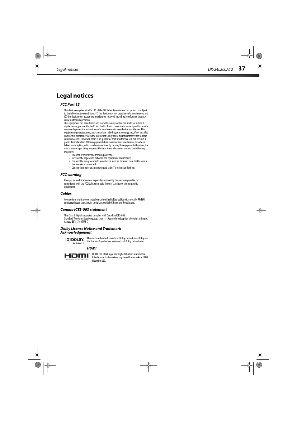 Legal notices, Fcc part 15, Fcc warning | Cables, Canada ices-003 statement, Dolby license notice and trademark acknowledgement, Hdmi | Dynex DX-24L200A12 User Manual | Page 41 / 44