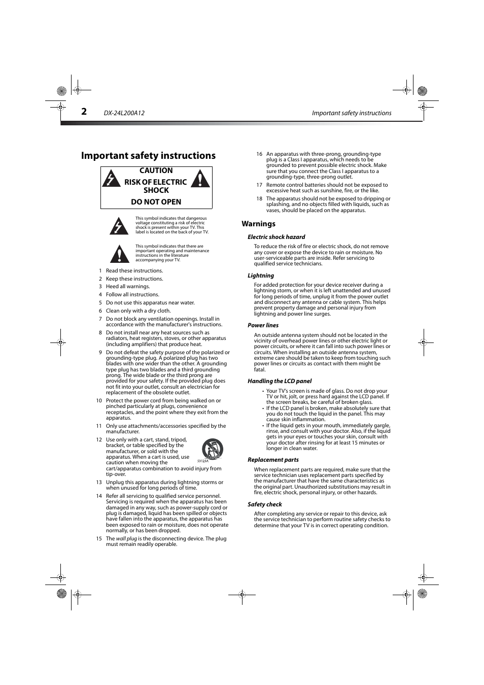 Important safety instructions, Warnings, Electric shock hazard | Lightning, Power lines, Handling the lcd panel, Replacement parts, Safety check | Dynex DX-24L200A12 User Manual | Page 6 / 44