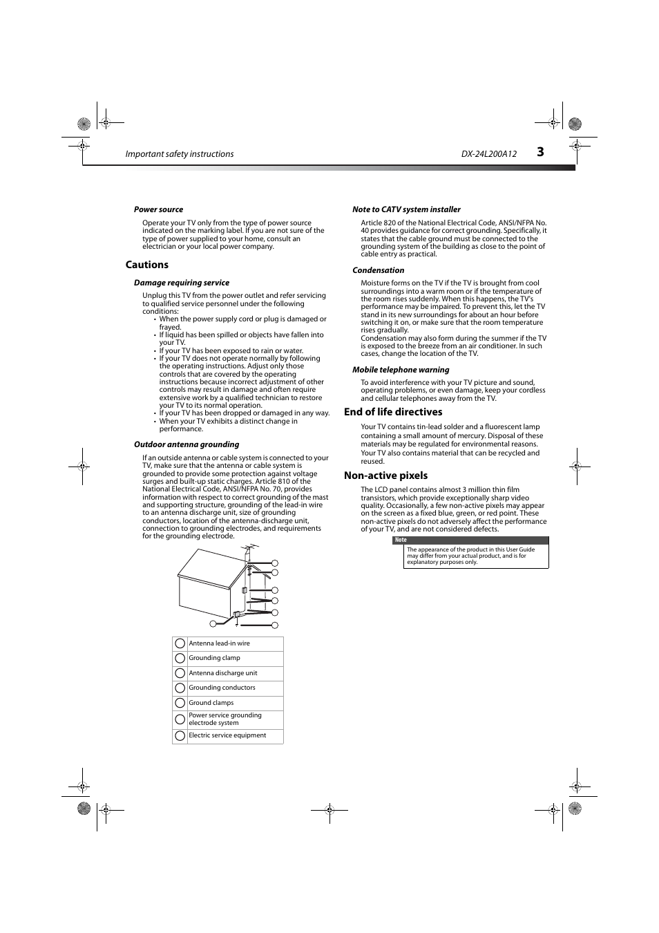 Power source, Cautions, Damage requiring service | Outdoor antenna grounding, Note to catv system installer, Condensation, Mobile telephone warning, End of life directives, Non-active pixels | Dynex DX-24L200A12 User Manual | Page 7 / 44