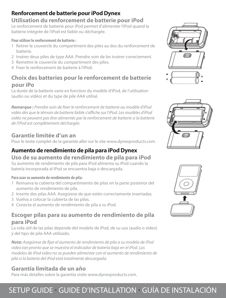 Renforcement de batterie pour ipod dynex, Utilisation du renforcement de batterie pour ipod, Garantie limitée d’un an | Garantía limitada de un año | Dynex DX-BATAAA User Manual | Page 2 / 2